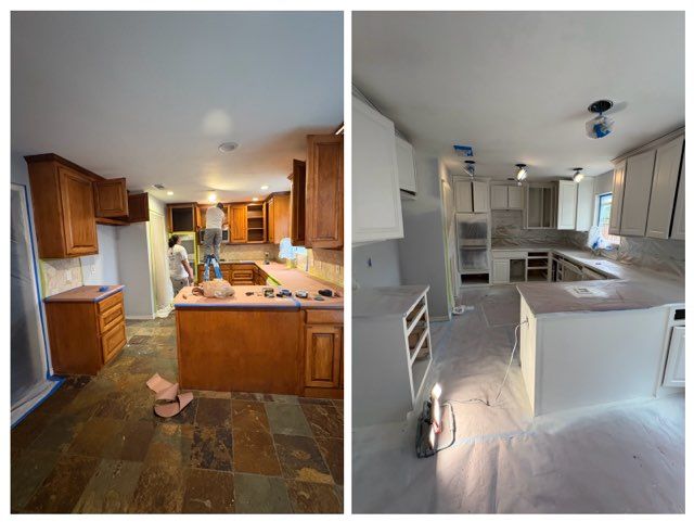 Side-by-side comparison of a kitchen during a renovation, showing wood cabinets before and after being painted white.