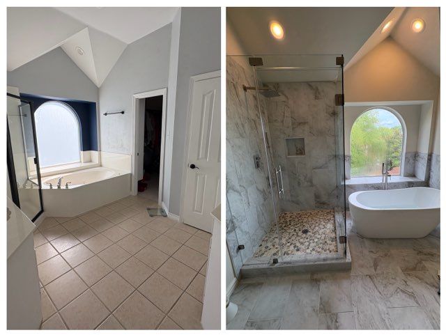 Split view showing a bathroom before and after renovation, replacing a built-in tub with a glass shower and freestanding tub.