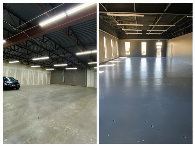 A split view of an industrial space showing a concrete floor before and after being painted a uniform gray.