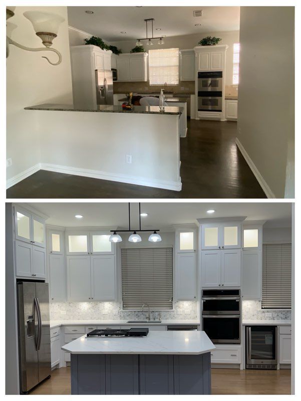 Before and after photos of a kitchen remodel, showing a transition from dark cabinets to modern white cabinets and an island.