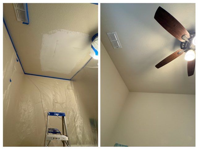 Split view showing a ceiling being primed and painted, then the finished, smooth ceiling with a fan installed.
