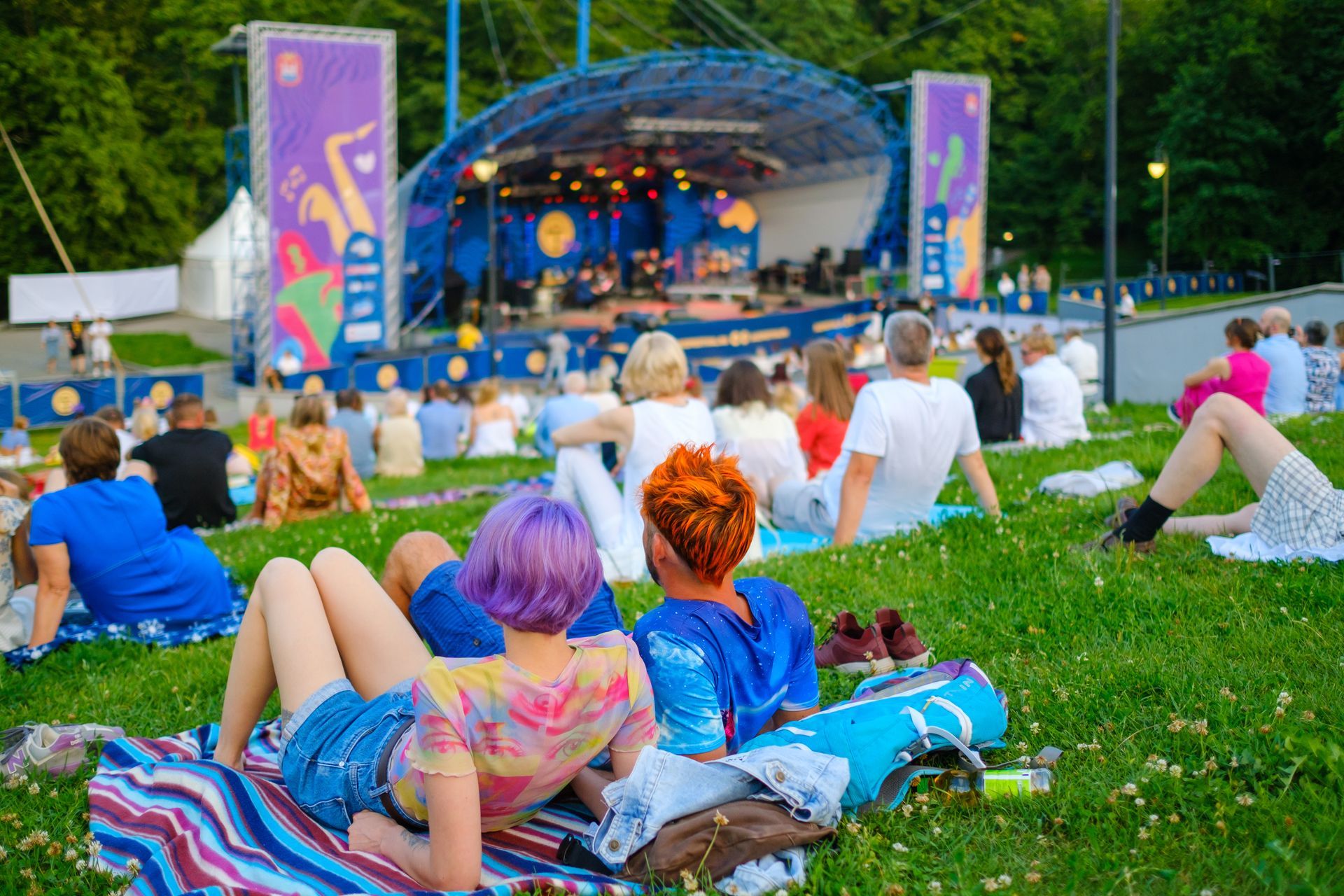 A group of people are sitting on blankets in the grass at a concert.