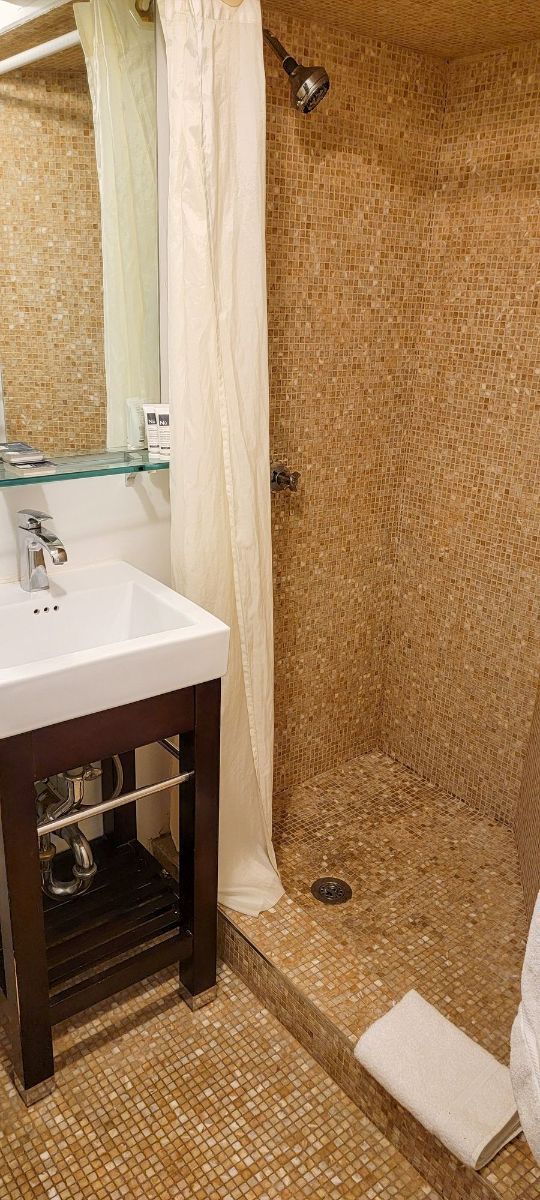 a bathroom with a sink , shower and mirror .
