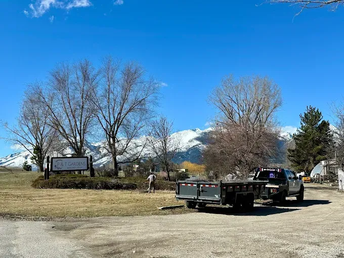 A pickup truck with a trailer parked on a gravel lot before trees and snow-capped mountains under a clear blue sky.