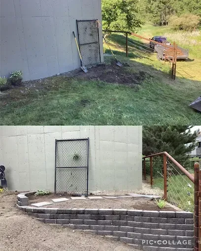 A before-and-after of a yard showing a dirt patch transformed into a landscaped retaining wall with a mounted gate.