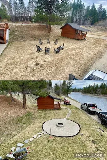 Before and after photos showing the installation of a circular gravel fire pit area in front of a small wooden cabin.