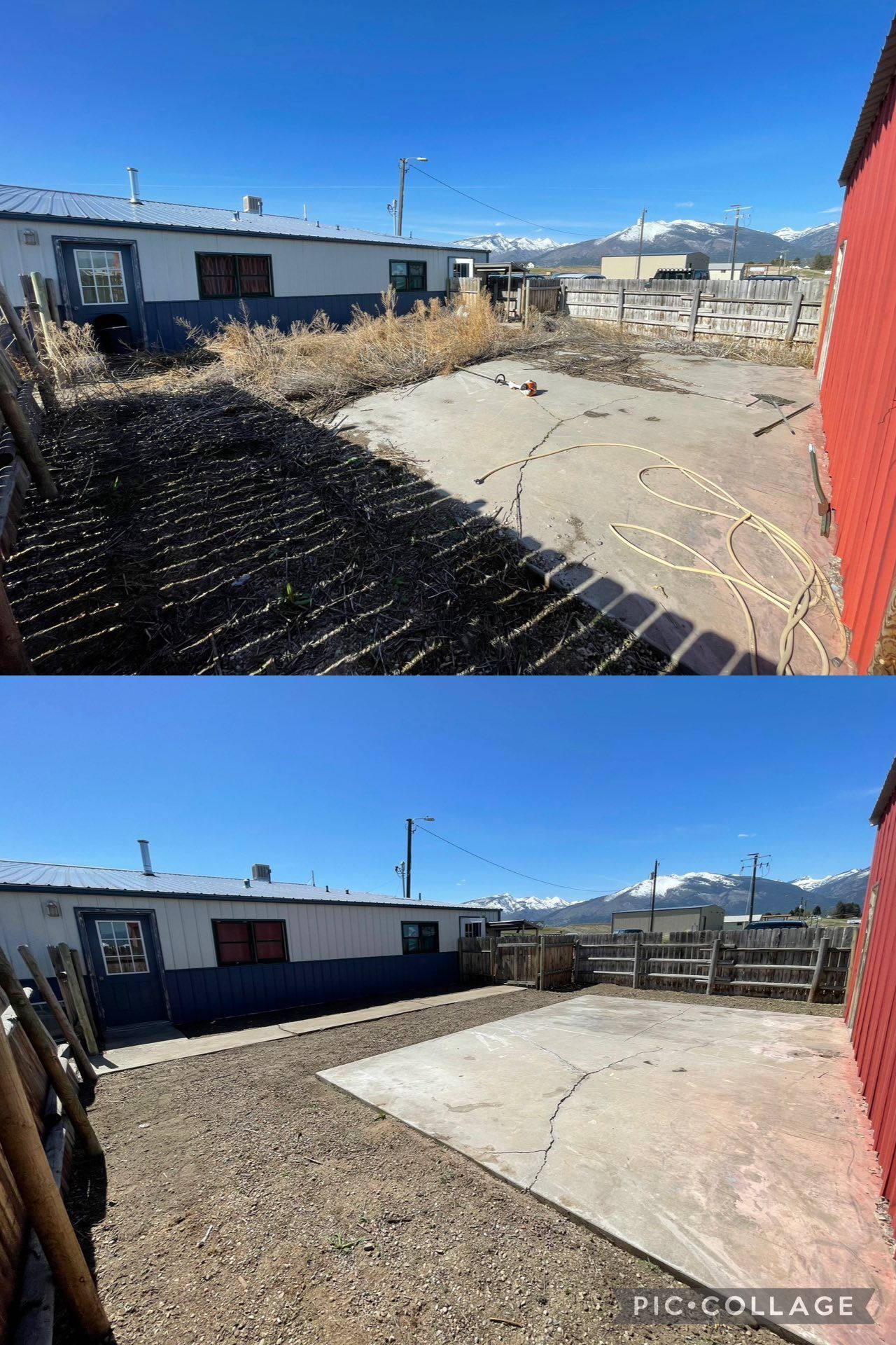 Before-and-after photos of a yard cleanup, showing dry brush and debris replaced with clean, leveled gravel.