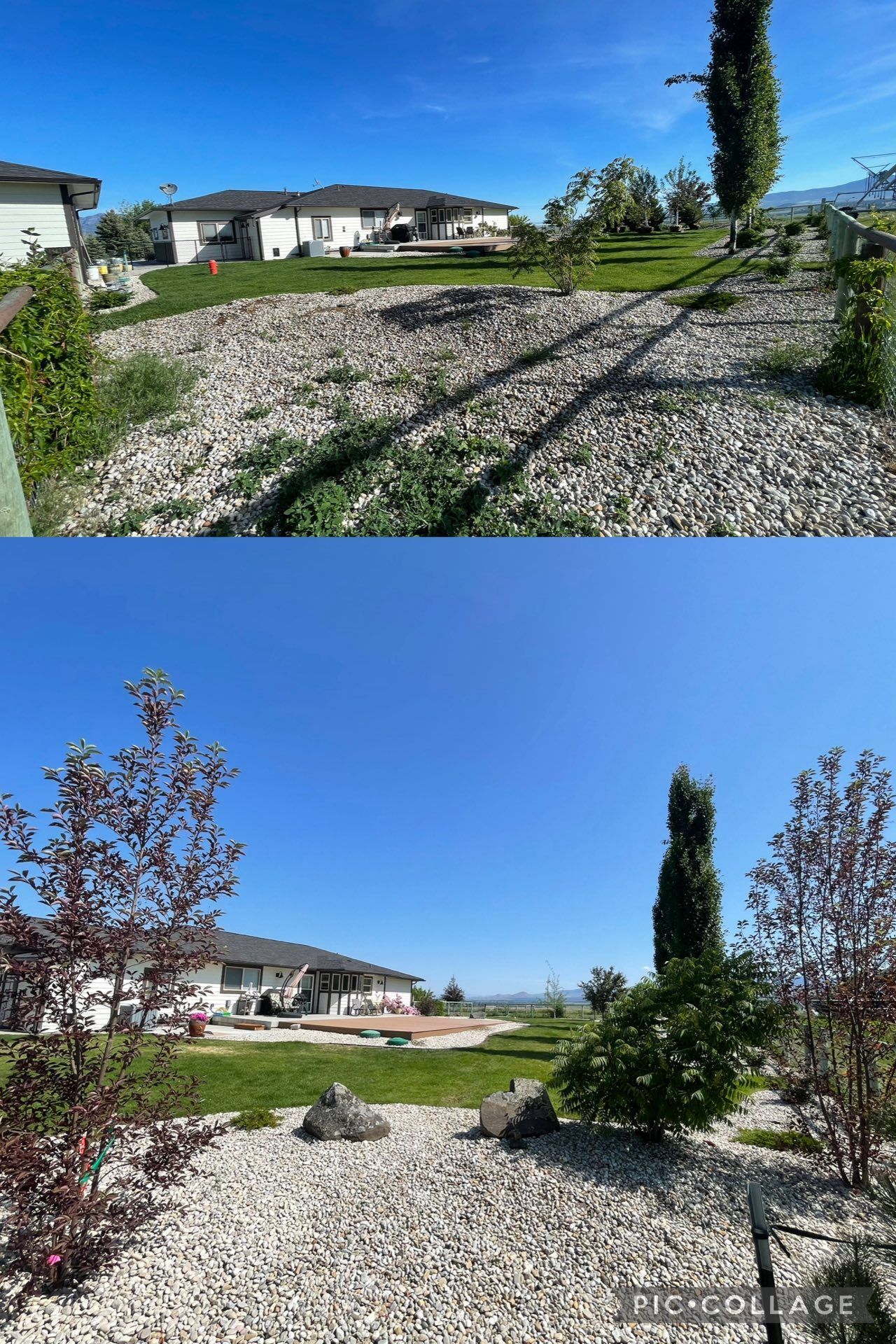 A collage showing a backyard garden before and after landscaping with rock beds, shrubs, and trees in front of a house.
