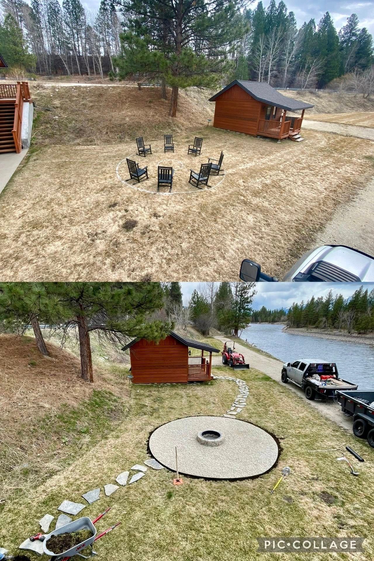 Before and after photos of a backyard transformation, replacing scattered chairs with a stone fire pit and flagstone path.