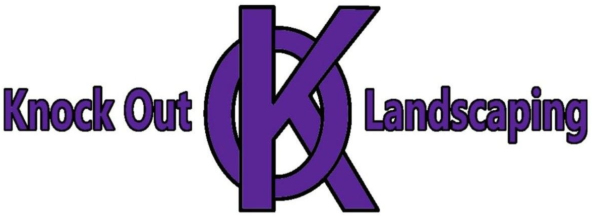 A purple logo featuring the stylized letters "OK" and the text "Knock Out Landscaping."
