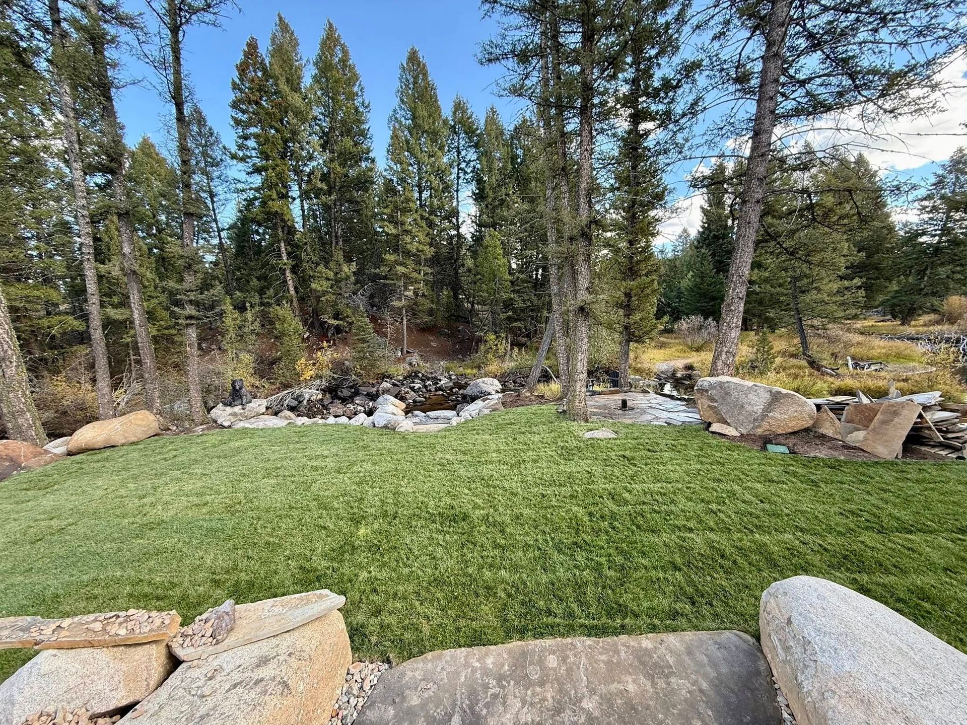 A lush green lawn framed by large gray boulders with a background of dense evergreen trees under a clear blue sky.