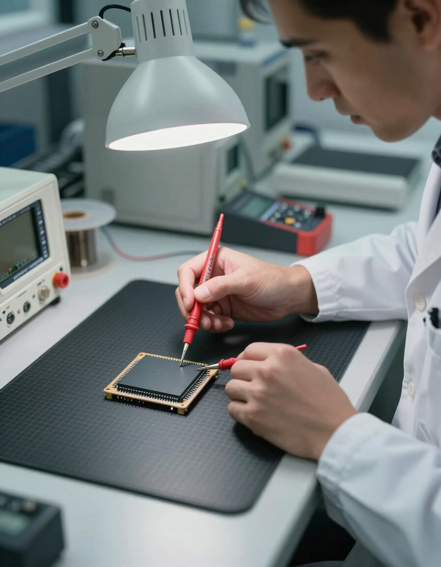 Technician using a red soldering iron on a circuit board under a desk lamp in an electronics lab