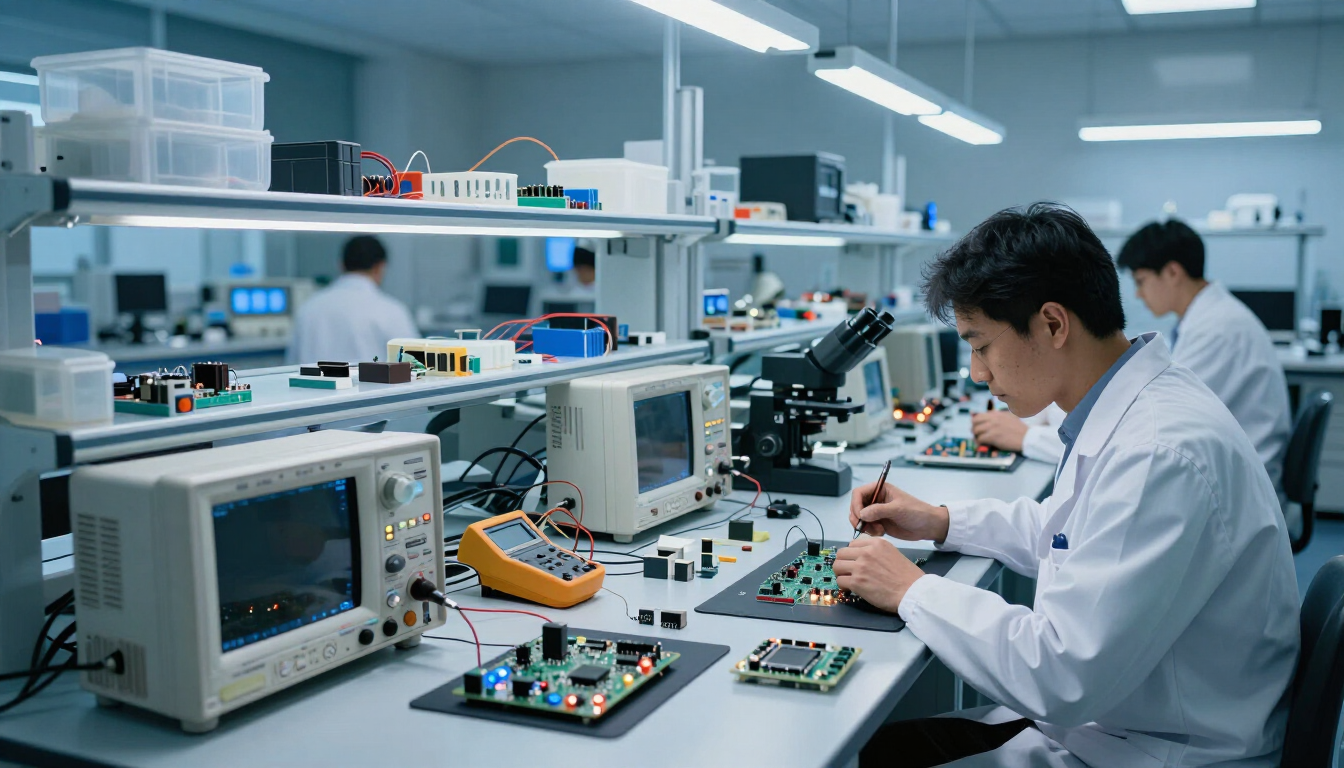 photorealistic high tech electronic engineering lab with microscopes and testing equipment for automotive microchips