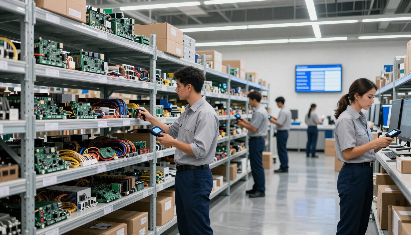 photorealistic modern clean logistics warehouse with shelves of electronics components and workers using handheld scanners
