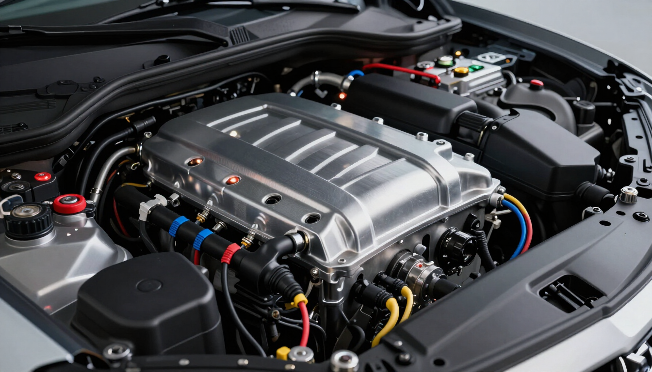 photorealistic modern car engine bay close up focusing on electronic sensors and actuators with metallic textures and professional lighting