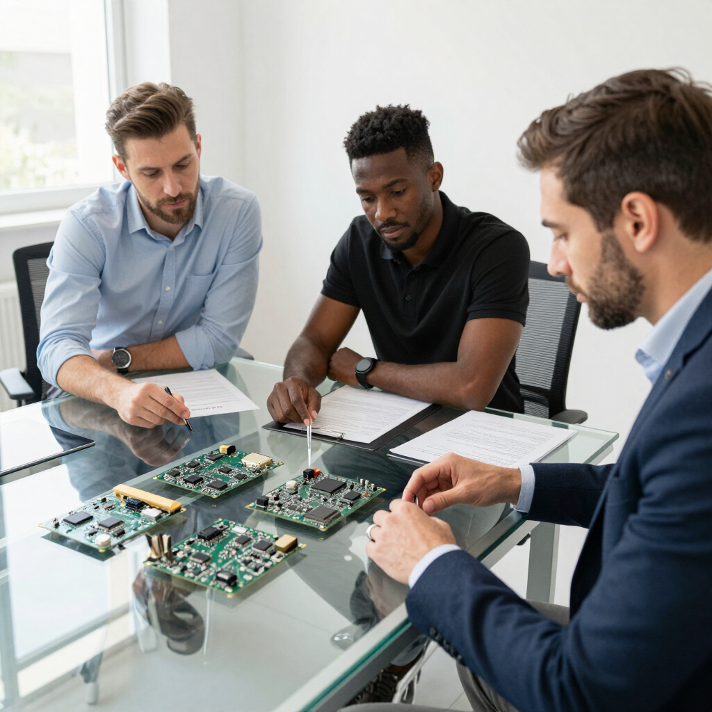 Three coworkers reviewing circuit boards at a glass conference table in an office.