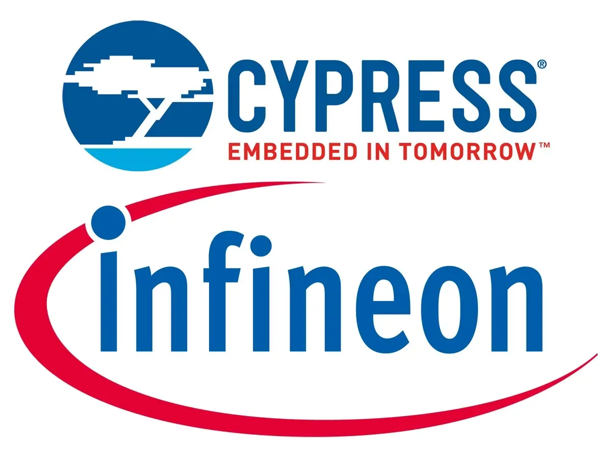 Cypress and Infineon company logos, blue and red on a white background