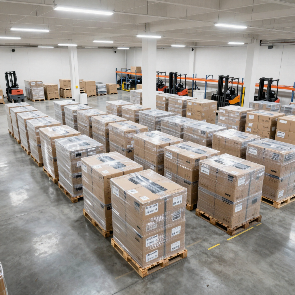 Warehouse with rows of palletized cardboard boxes wrapped in plastic on a concrete floor
