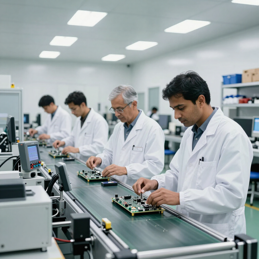 Technicians in white lab coats assembling circuit boards on a factory production line