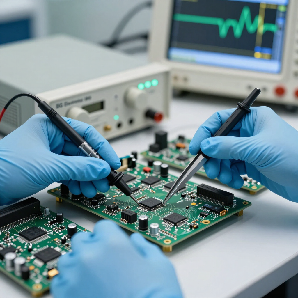 Gloved hands soldering a circuit board in a lab, with test equipment and a monitor in the background