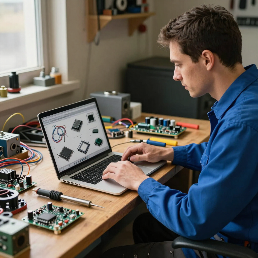 Engineer working at a laptop with circuit boards and electronics tools on a workbench