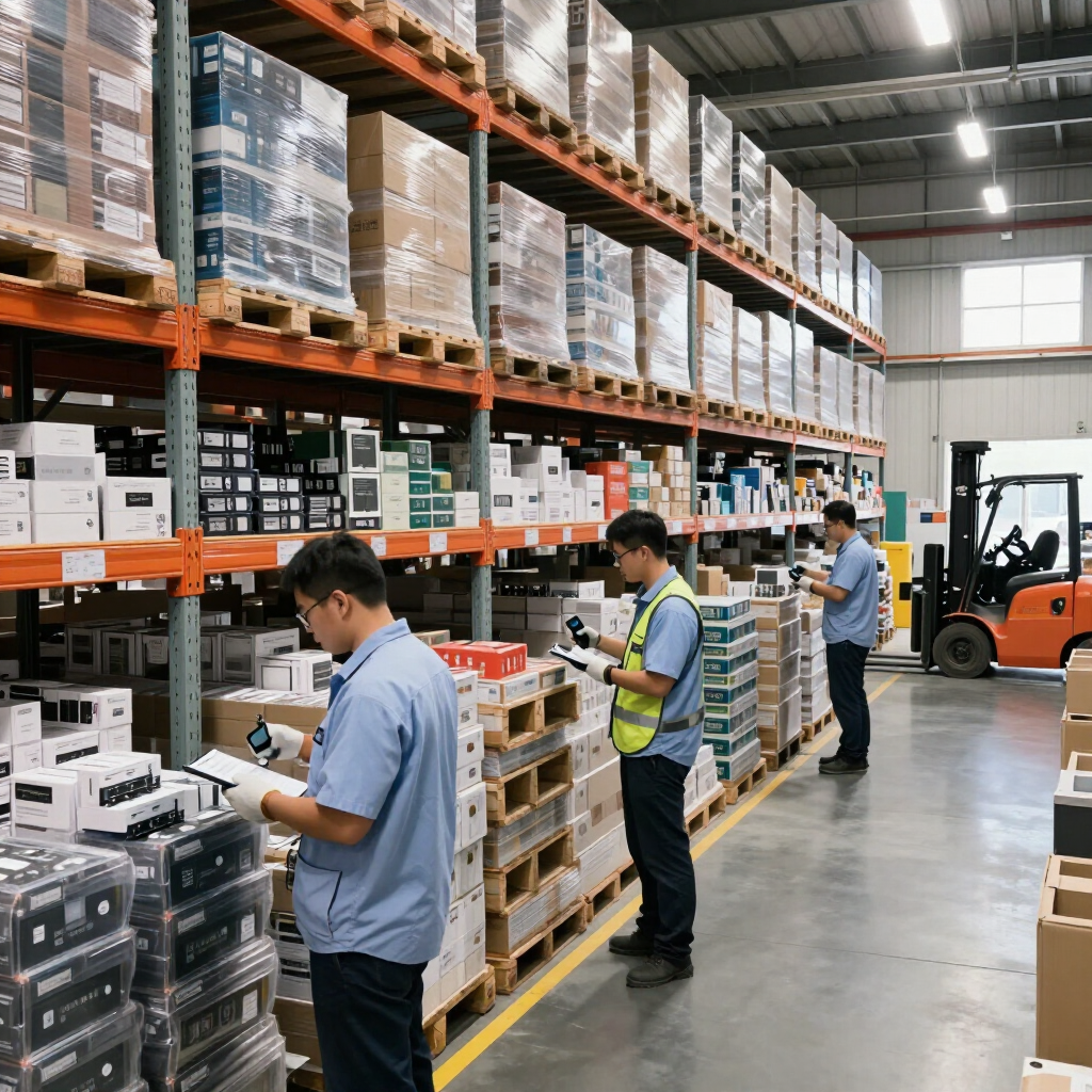 Warehouse workers inspecting stacked boxes beside tall orange shelving and an orange forklift.