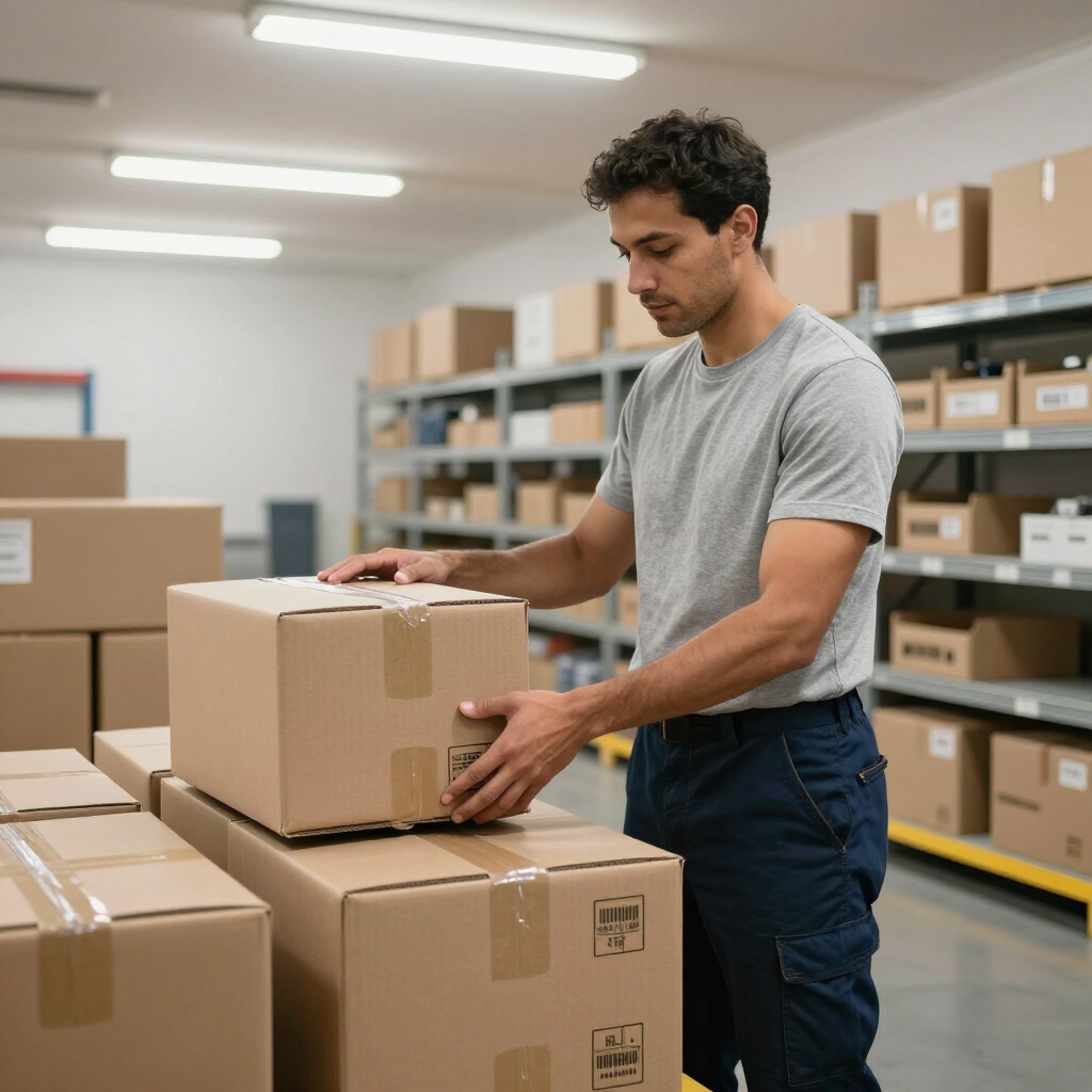Worker stacking cardboard boxes in a warehouse aisle