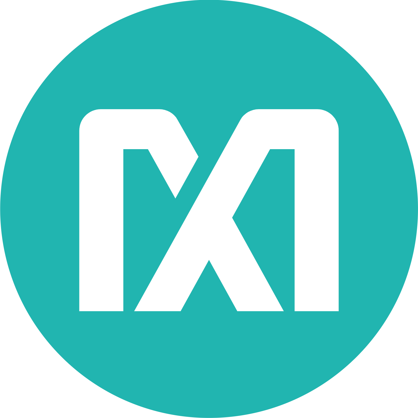 Turquoise circle with a white stylized “M” logo