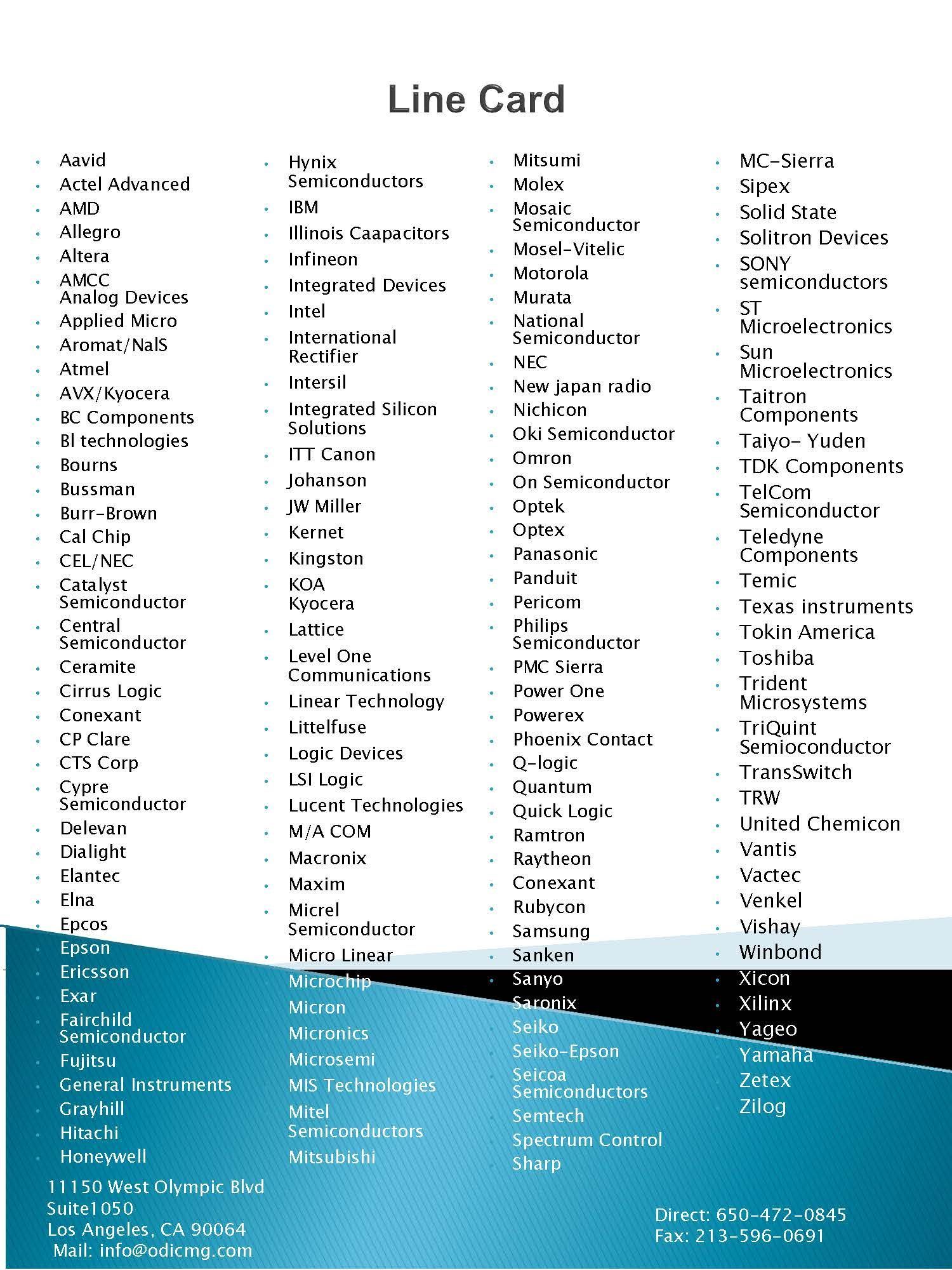 Line card with many manufacturers names in columns, blue footer section and white background.