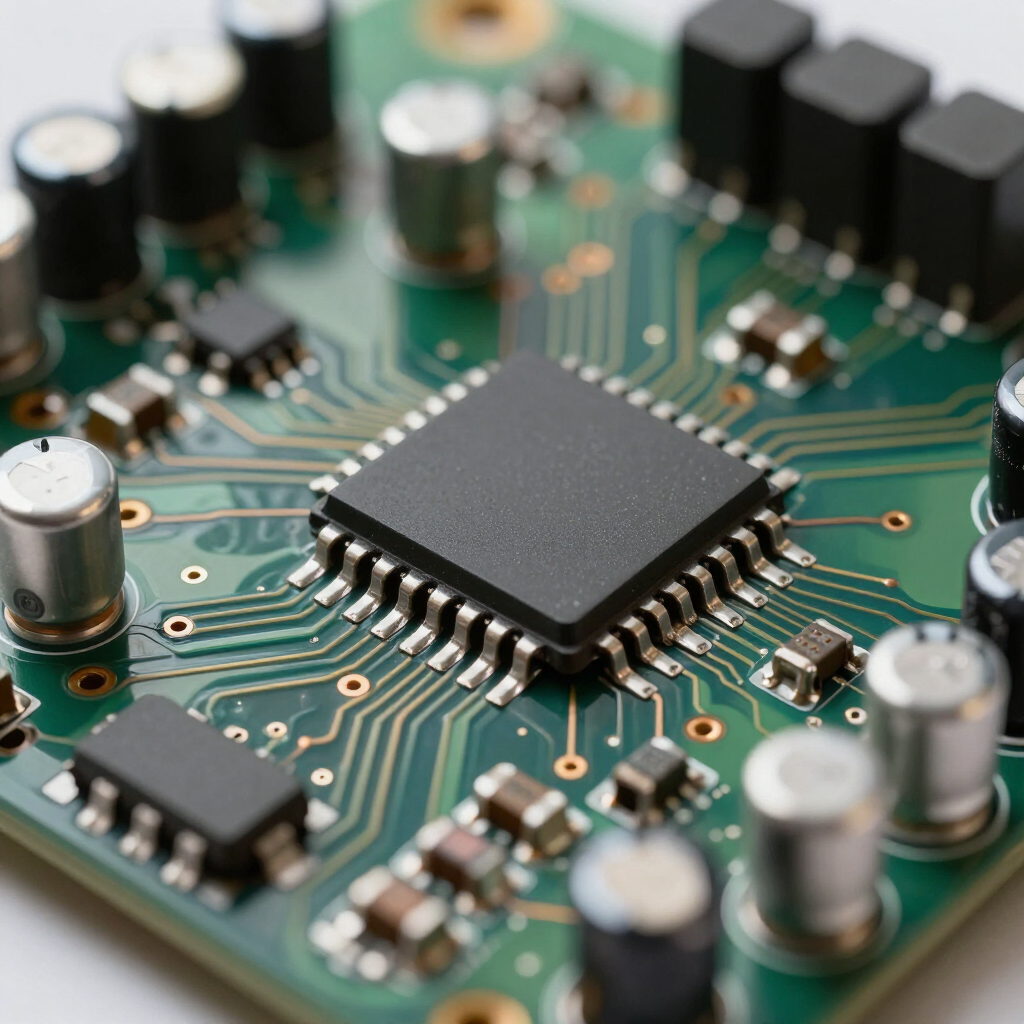 Close-up of a green circuit board with a central microchip and surrounding electronic components