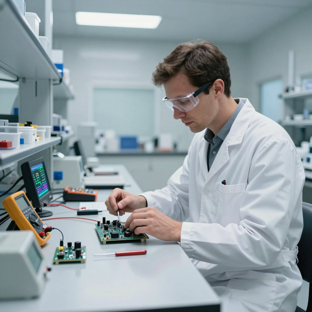 Engineer in a lab assembling a circuit board at a workbench with test equipment nearby