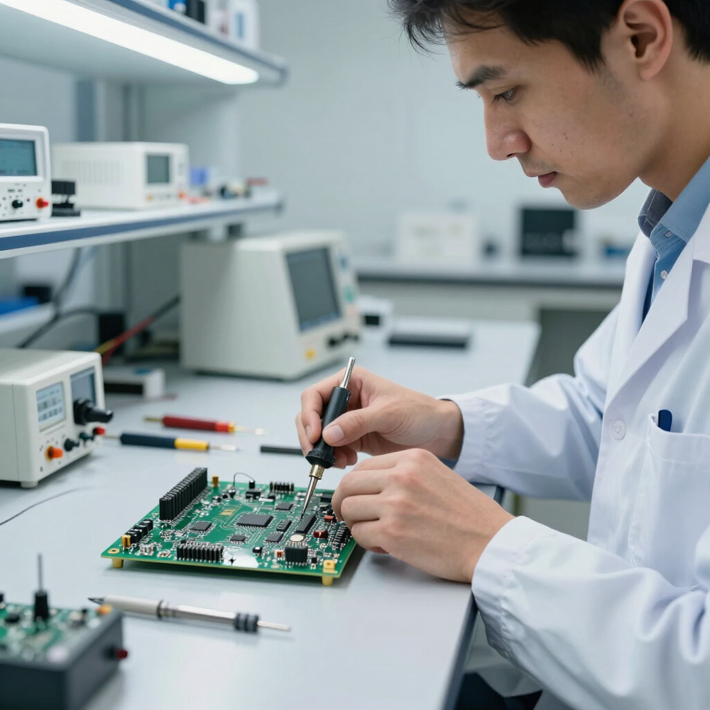 Technician in a lab soldering a green circuit board at a workbench with test equipment.