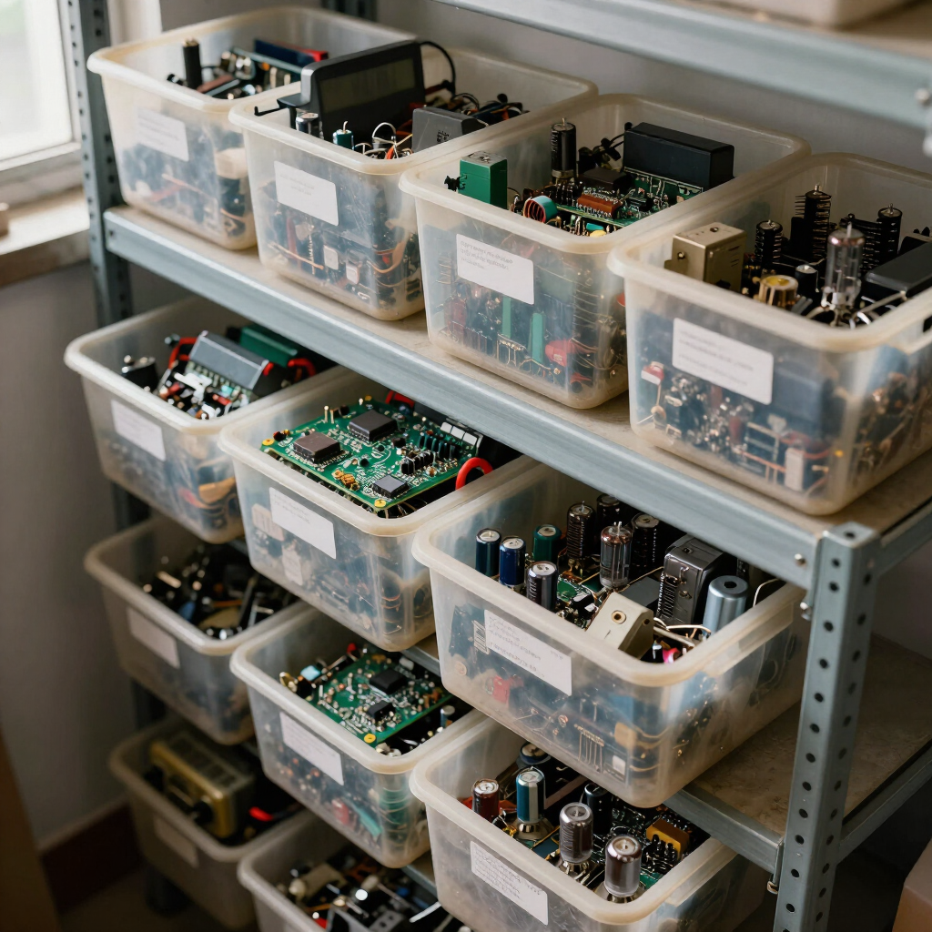 Shelving unit with clear plastic bins holding electronic circuit boards and components