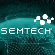 Semtech logo in white on a teal digital globe background