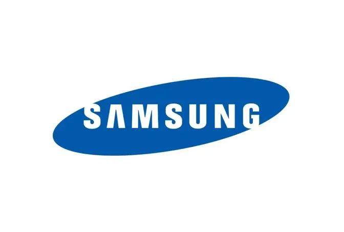 Samsung logo in blue on a white background