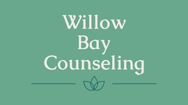 A logo for willow bay counseling on a green background.