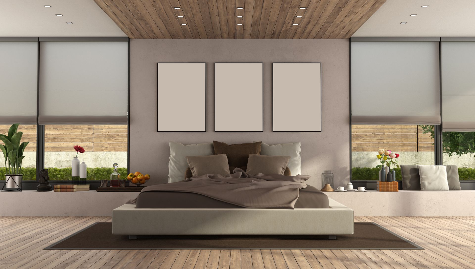 Modern bedroom with a large bed, neutral decor, wood ceiling, and plants by wide windows