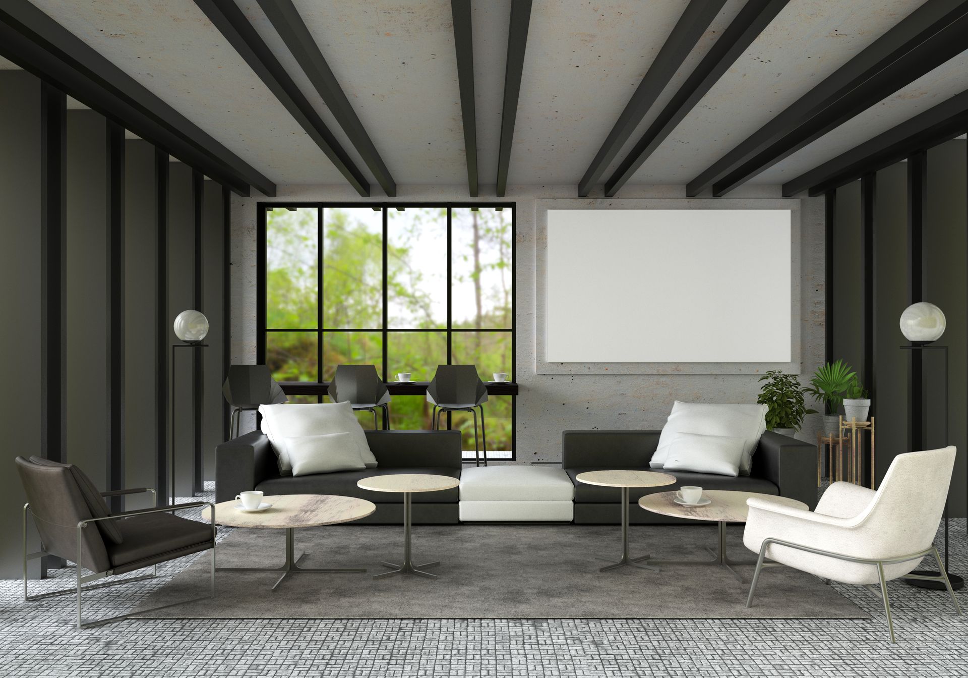 Modern living room with black shades, large window, projector screen, and white and black chairs around a rug