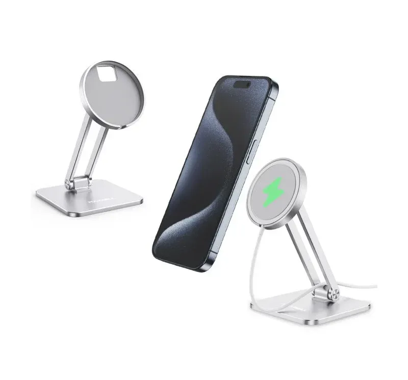 【POLYWAELL】Magnetic Charging Pad Phone Holder, All-Aluminum Alloy, Compatible with Magsafe Charging Pad, Adjustable Height and Anodized Finish.