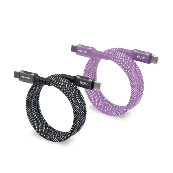 【POLYWELL】Magnetic Absorption PD Fast Charging Cable C to C, Aluminum Alloy Braided Cable, Compatible with iPhone 15 and Android Tablets