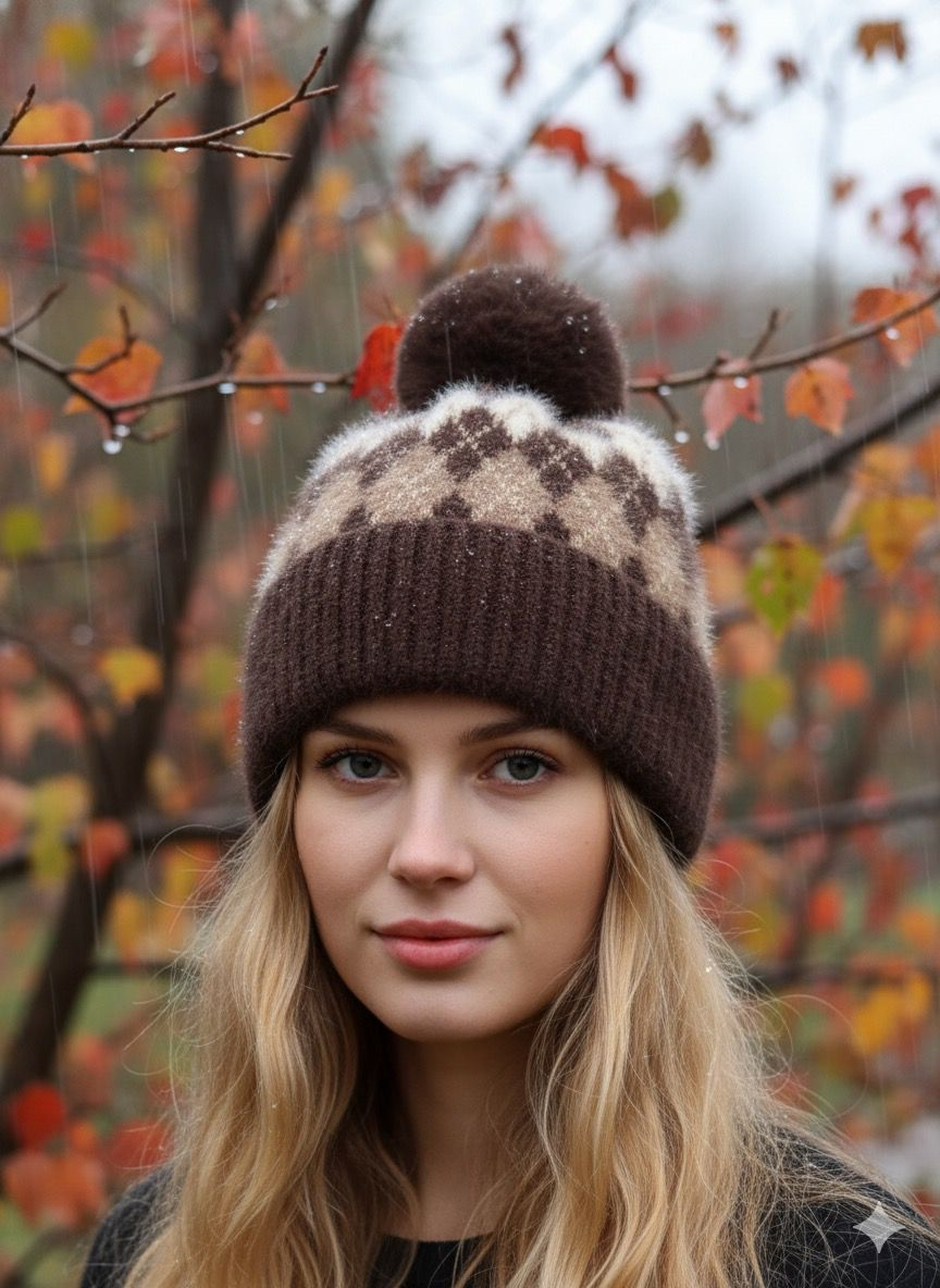 Bruine Gebreide Wintermuts met Pompon Diamantpatroon– Nordic Print – Zachte 100% Acryl