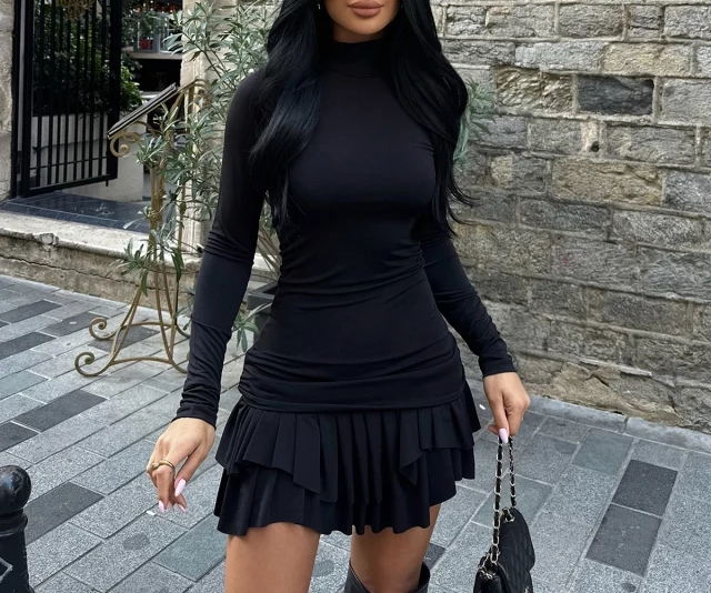 Zwarte Mini Jurk Met Plissé Rok en Col kraag Elegante Stretch Party Dress