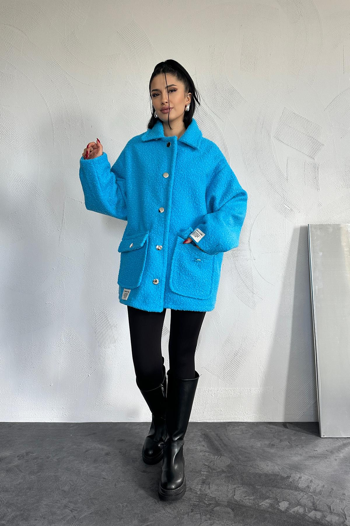 Dames Blauwe Teddy Overshirt Jas – Oversized Fit – Warm & Zacht & Gevoerd