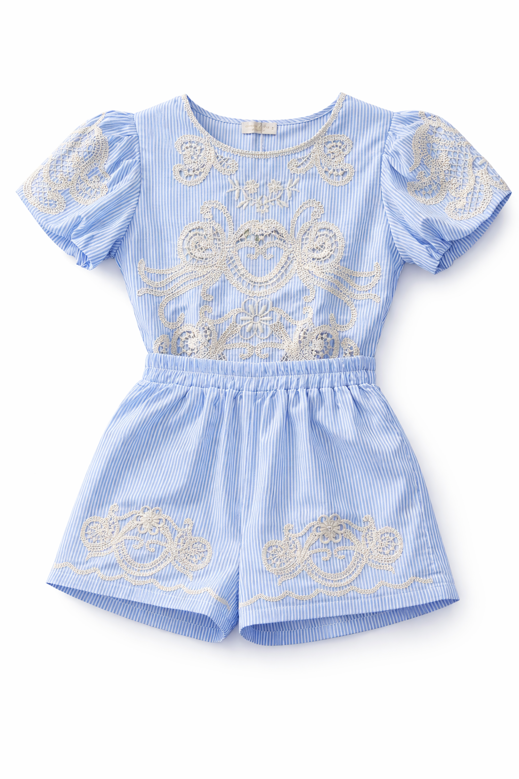 Lichtblauwe gestreept Two-Piece Set Dames – Elegante Zomer Set met Borduursels & Short (65% Katoen)