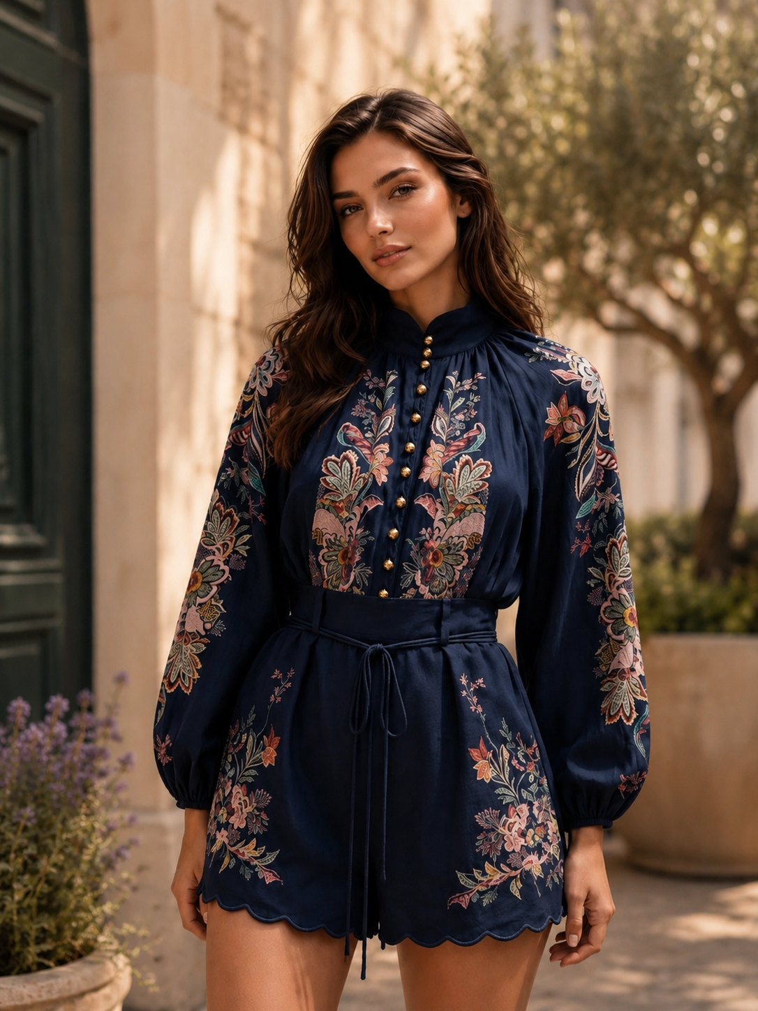 Luxe Navy Bloemenprint 2-Delige Set Dames Elegante Blouse met High Waist Short