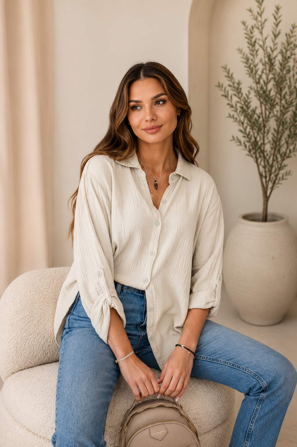 Beige Oversized Mousseline Blouse van 100% Katoen – Italiaanse One Size Blouse