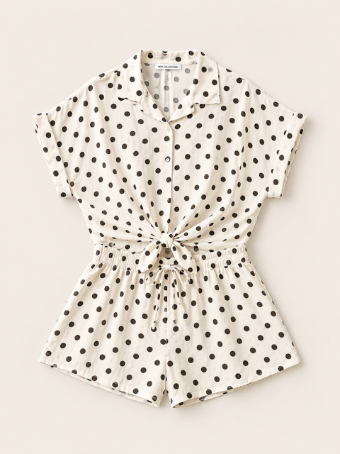 Ecru/creme dames set met bruine stippen – blouse en short One Size