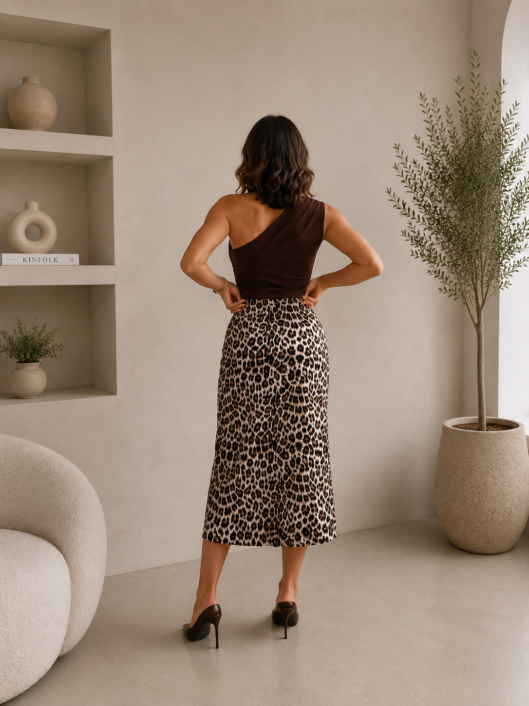 Luipaard Satin Look Midi Rok Dames – High Waist Leopard Print Rok Beige/Zwart