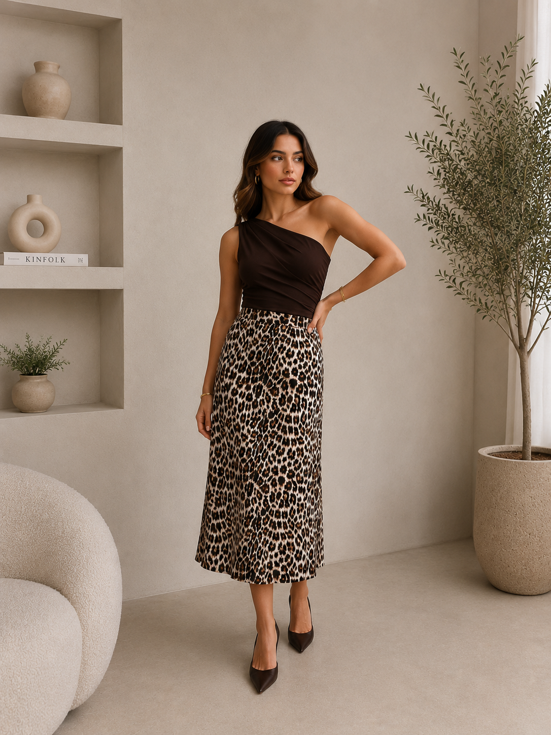 Luipaard Satin Look Midi Rok Dames – High Waist Leopard Print Rok Beige/Zwart