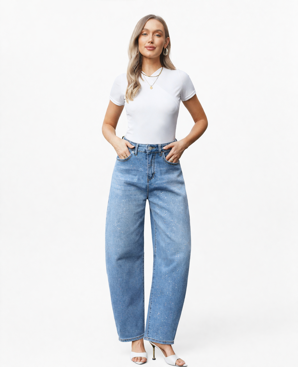 Jewelly Dames Glitter High Waist Balloon Jeans Denim Broek